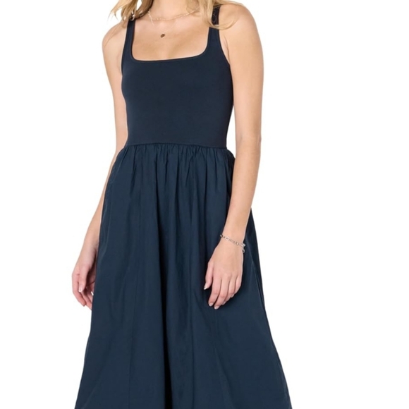 The Drop Womens Tina Scoop Neck Mixed Media Bubble Hem Midi Dress Maritime Navy - Picture 6 of 10